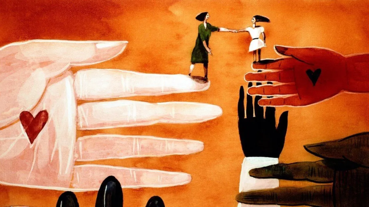 Ilustração de duas mãos com corações e duas pequenas figuras se cumprimentando sobre elas